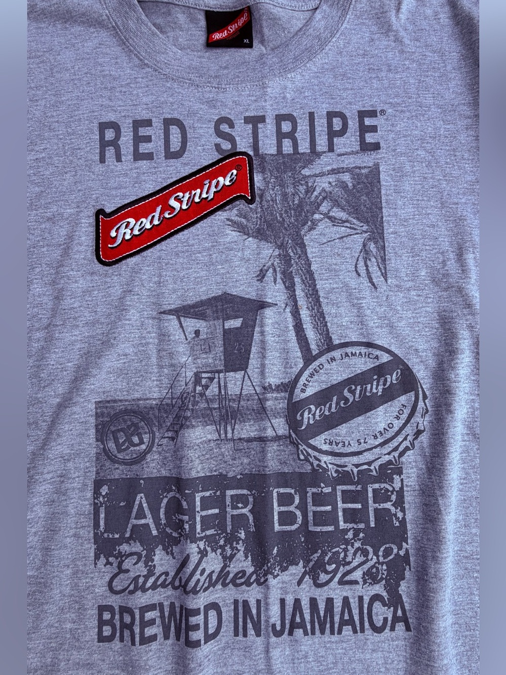 Red Stripe Jamaican Lager Beer Embroidered T-Shirt Mens Size XL Drinking Gray
